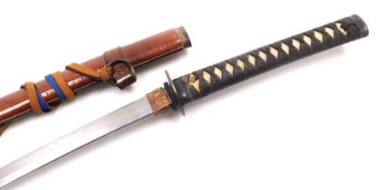 A Japanese WWII period Kantana sword, with copper hakabi, iron tsuba, and bronze dragon fuchi, tang