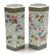 A pair of Chinese famille rose porcelain vases, of hexagonal form, decorated with butterflies, fruit