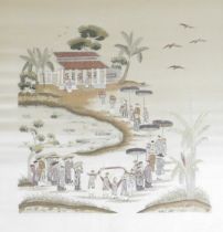 A 19thC Qing dynasty silk work picture, depicting figures in a procession, approaching a house, 52.5