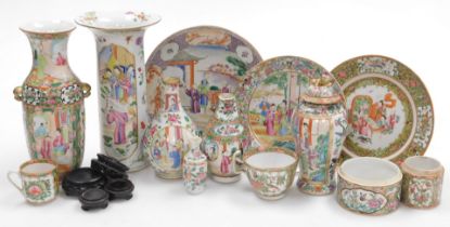 A group of 19thC Qing Dynasty Cantonese famille rose porcelain, traditionally decorated with figural