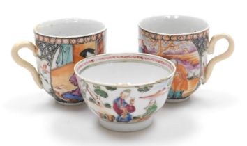 A pair of 18thC Qing dynasty famille rose porcelain coffee cups, decorated with figural scenes, toge