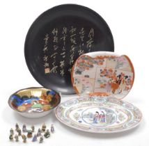 A group of Chinese mudman miniature figures, Kutani and Satsuma dishes, etc. (a quantity)