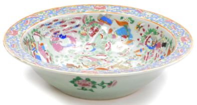 A 19thC Cantonese famille rose celadon wash bowl, decorated internally with bats, tigers, fo dogs, d