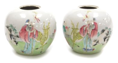 A pair of 19thC Qing dynasty famille rose jars, covers lacking, of globular form, decorated with Lu