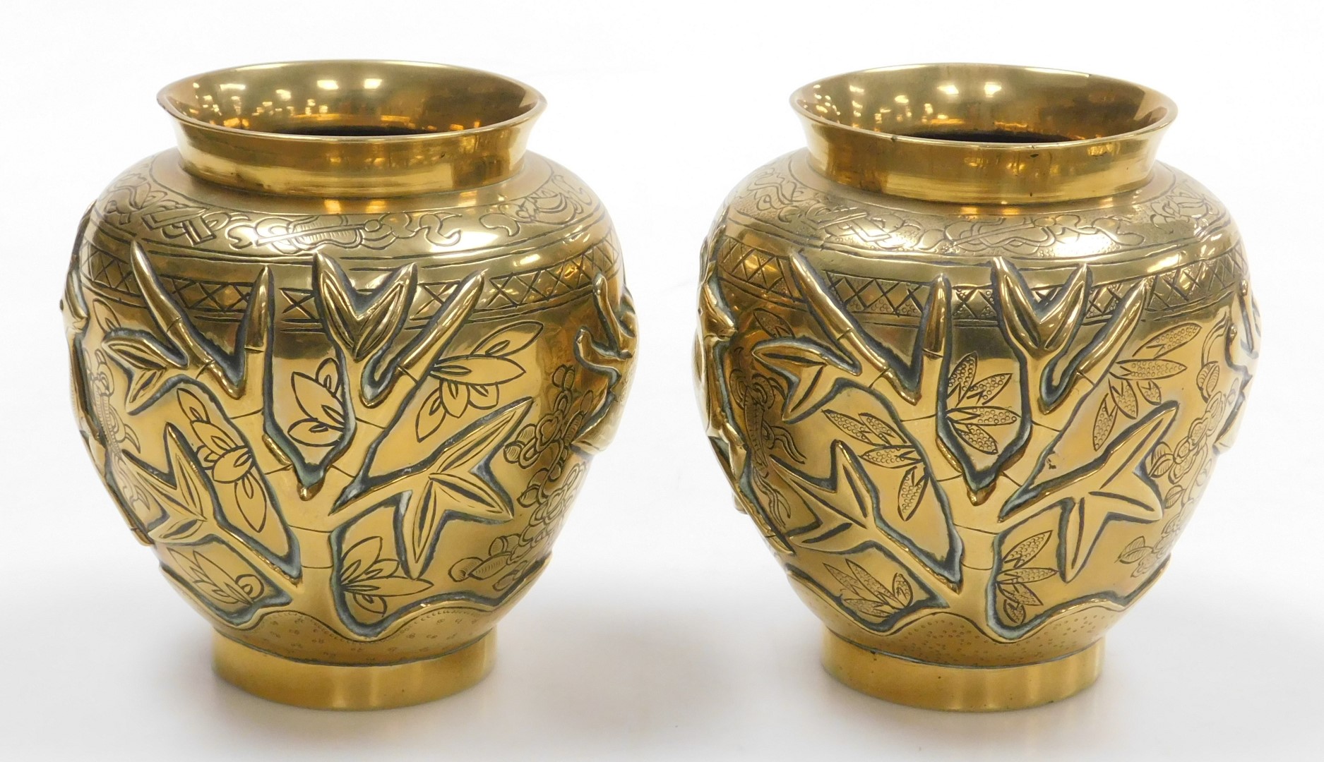 A pair of early 20thC Chinese heavy brass vases, embossed with a deer, bamboo, trees and a crane, th - Image 5 of 9