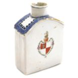 A late 18thC Qing dynasty export porcelain armorial tea caddy, cover lacking, of curve topped, recta