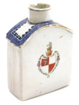 A late 18thC Qing dynasty export porcelain armorial tea caddy, cover lacking, of curve topped, recta