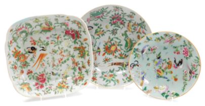 A group of late 19thC Cantonese famille rose porcelain, each decorated in enamels with birds, flower