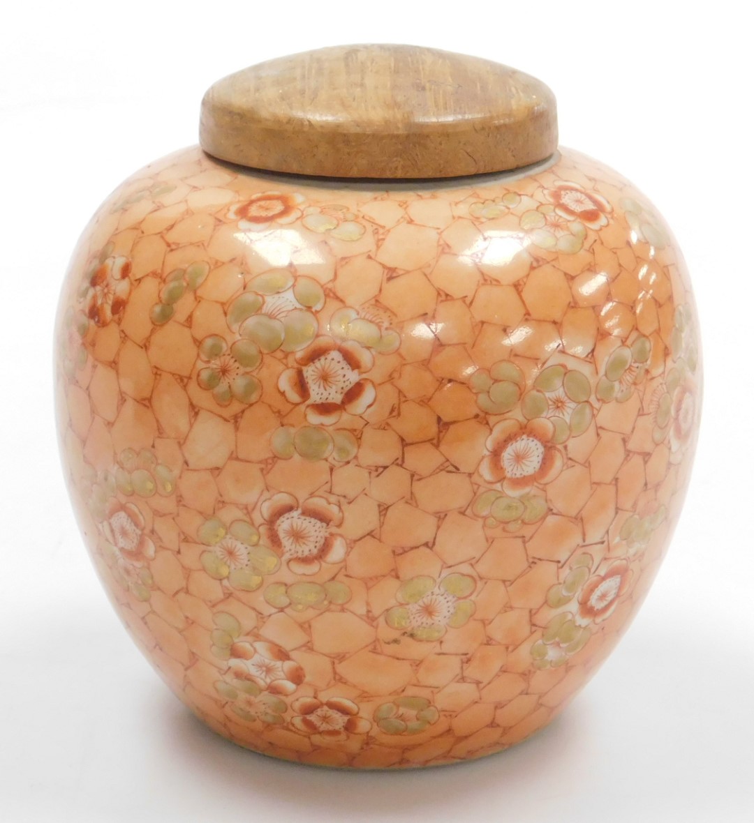A late 19thC Qing dynasty porcelain ginger jar, with a wooden cover, decorated with prunus blossom o - Image 3 of 9