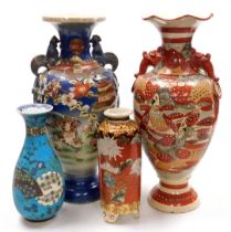 Three Japanese Satsuma vases, two decorated with samurai warriors, 46cm high, the other with chrysan