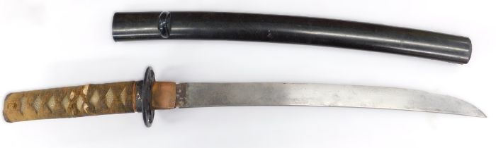 A late 19thC Japanese short sword, the back lacquer saya with silvered decoration, the unsigned blad