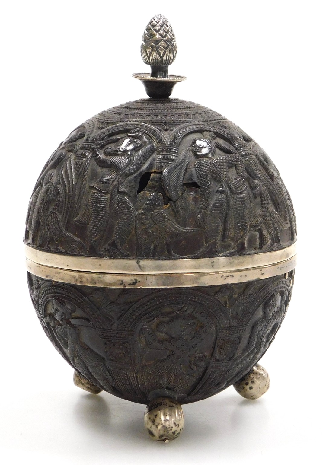 A 19thC Indian coconut cup and cover, carved with panels of ladies within repeating arches, the cove - Image 3 of 7