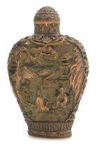 A 20thC Chinese bronzed metal snuff bottle, embossed to the obverse with figures of learning in a ga