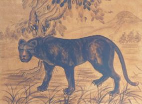 A Chinese lacquer style picture of a black panther, standing within a mountain landscape, within an