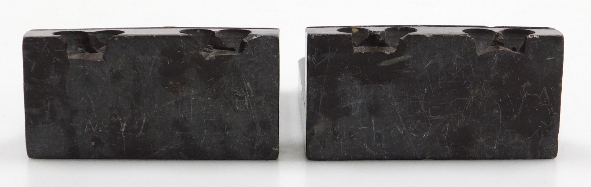 A pair of late 19thC Qing dynasty soapstone bookends, carved with immortals on a cloud ground, and c - Image 6 of 6