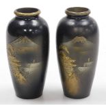 A pair of early 20thC Japanese bronze and mixed metal vases, of shouldered, ovoid form, decorated wi