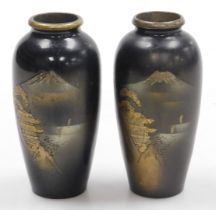 A pair of early 20thC Japanese bronze and mixed metal vases, of shouldered, ovoid form, decorated wi