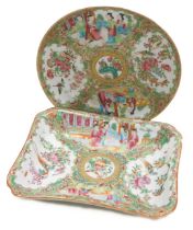 A Qing dynasty Cantonese famille rose porcelain dish, of rectangular form, decorated with reserves o