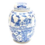 A blue and white porcelain ginger jar, and cover with six character Kangxi mark, decorated with pane