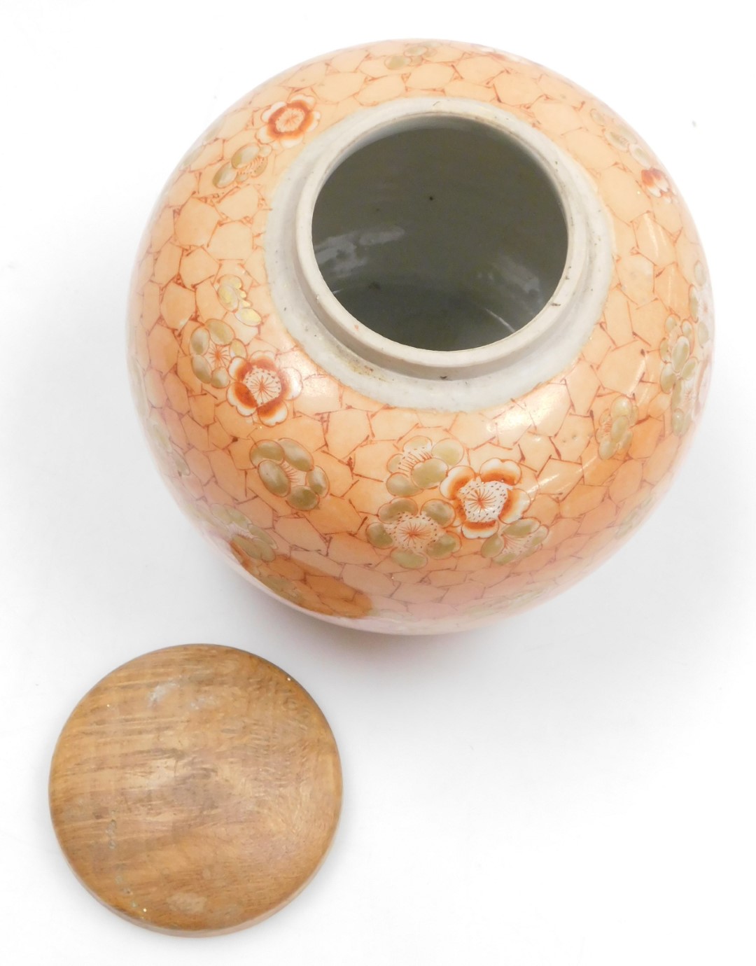 A late 19thC Qing dynasty porcelain ginger jar, with a wooden cover, decorated with prunus blossom o - Image 5 of 9