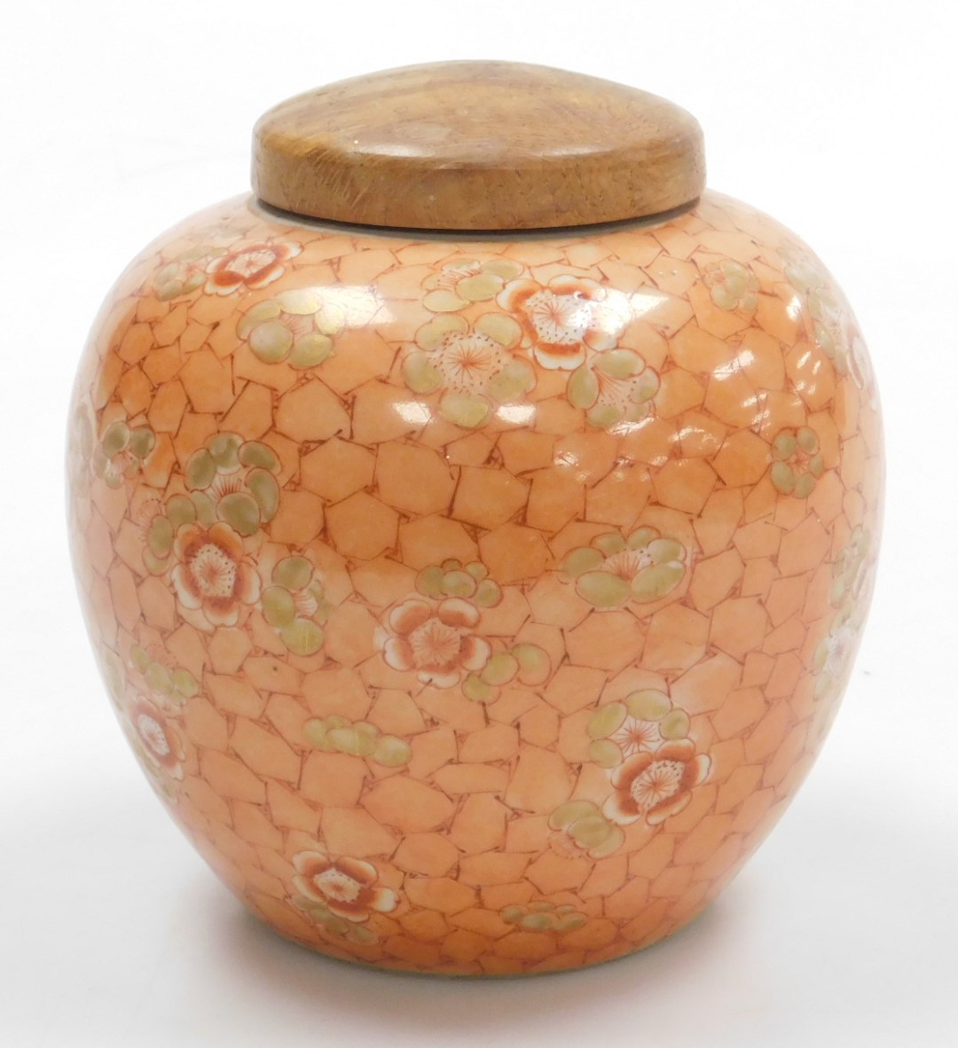 A late 19thC Qing dynasty porcelain ginger jar, with a wooden cover, decorated with prunus blossom o - Image 4 of 9