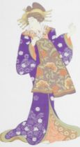 A 20thC Japanese sang shoji ukiyo-e, depicting an Oiran, on cloth after a woodblock original, framed