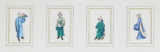 A set of four late 19thC Qing dynasty watercolours on pith paper, framed as one, depicting various f