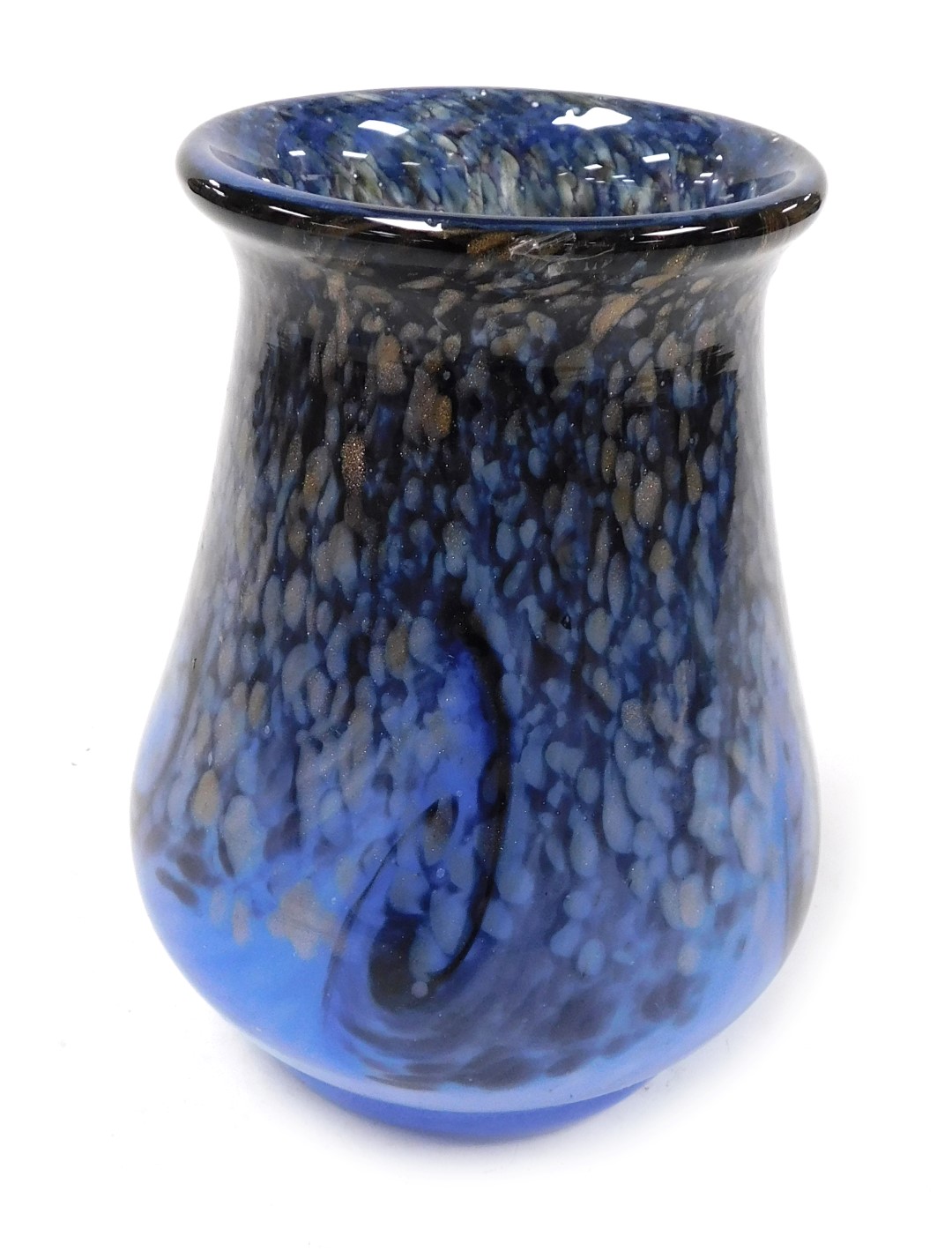 A mid century Monart blue glass vase, with a darker blue and aventurine decoration, 18.5cm high.