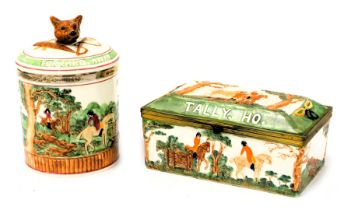 An early 20thC Wedgwood pottery casket, relief decorated with horses and huntsman, the hinged lid ti