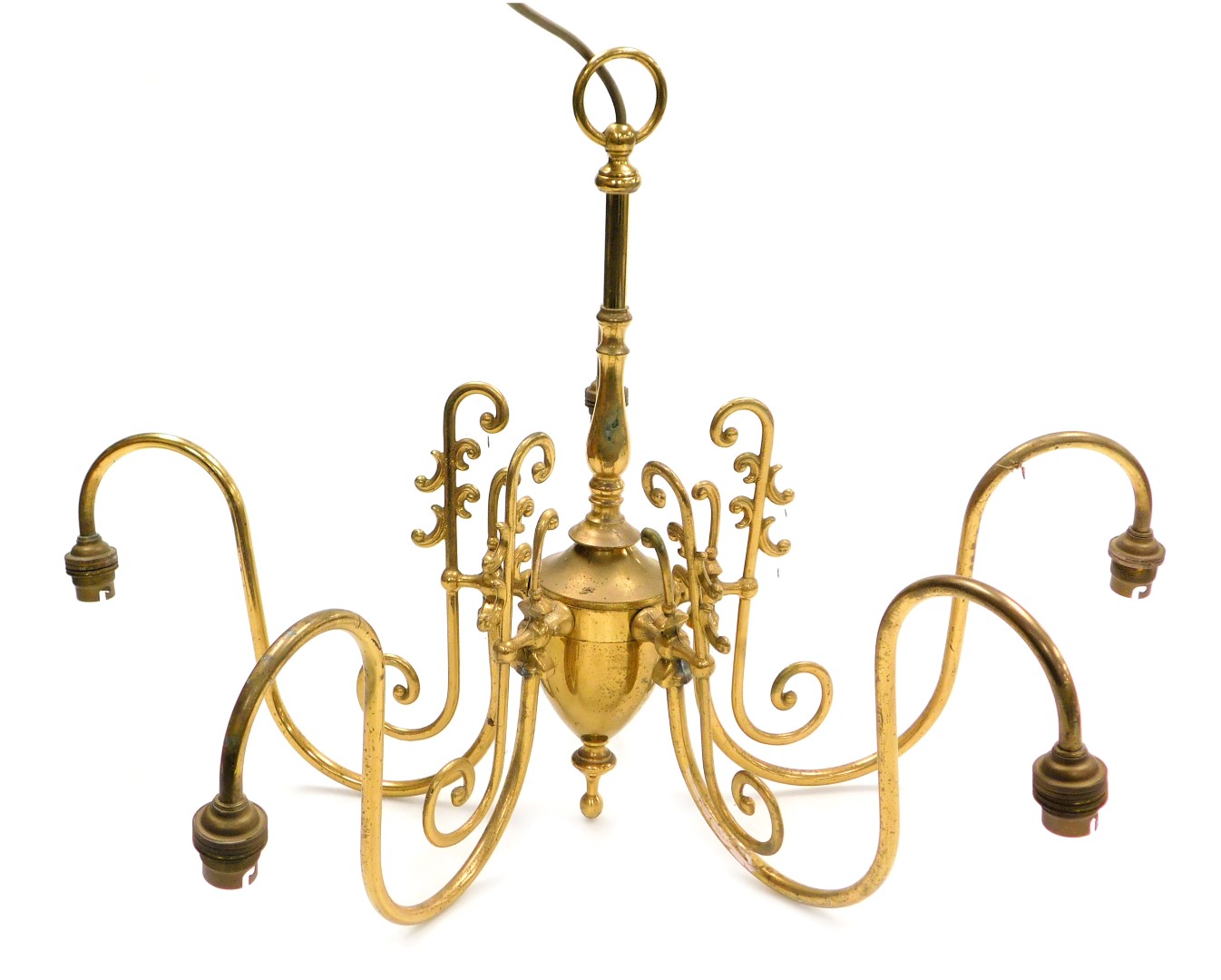 A brass five branch chandelier, with scrolling arms, 44cm high.