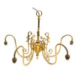 A brass five branch chandelier, with scrolling arms, 44cm high.