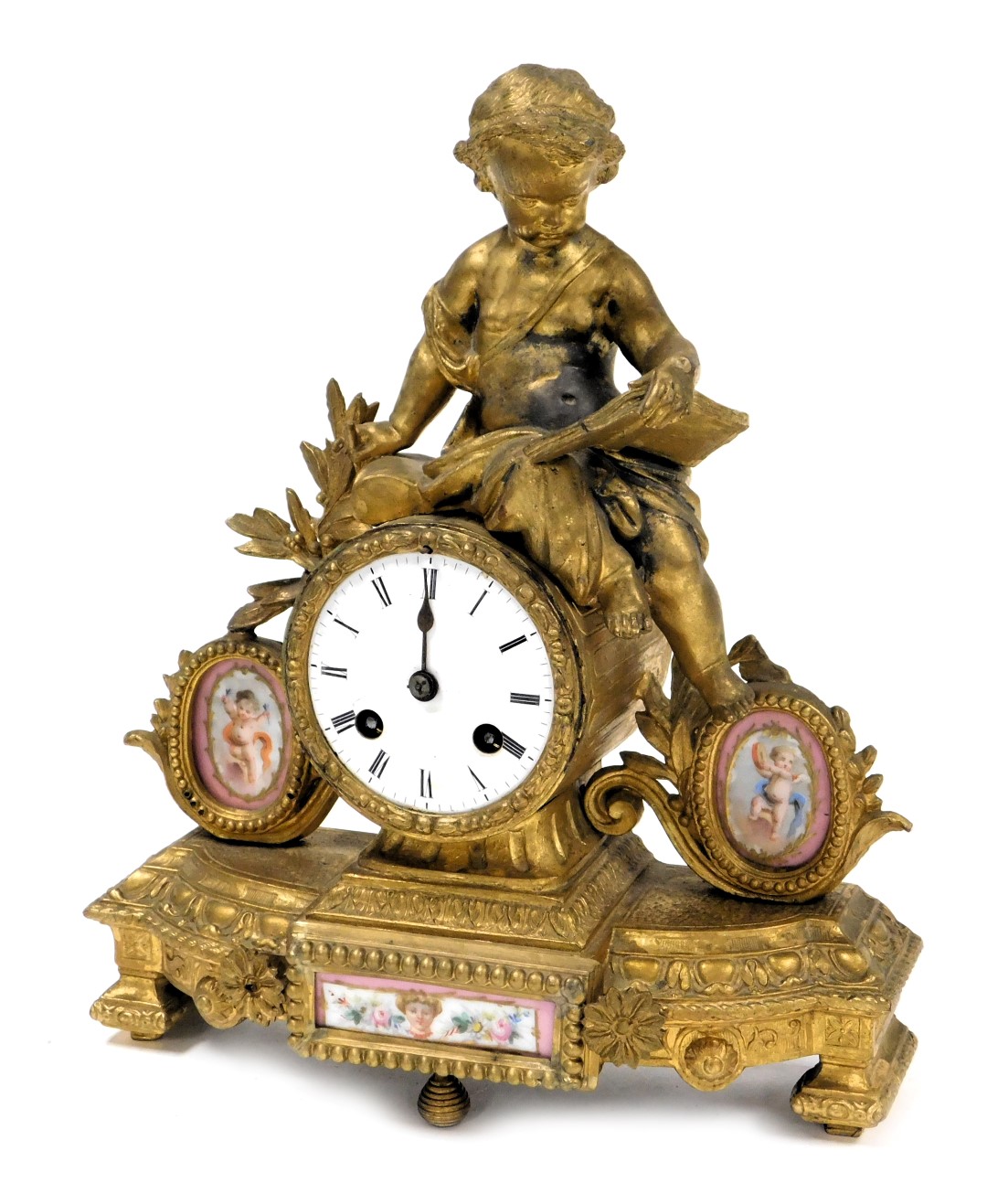 A late 19thC porcelain and gilt metal mantel clock, for R & G, Paris and London, circular enamel dia