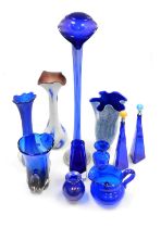 A group of Bristol blue coloured glass ware, including a tall jack-in-the-pulpit vase, 89cm high, a