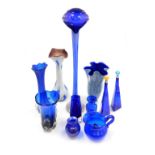 A group of Bristol blue coloured glass ware, including a tall jack-in-the-pulpit vase, 89cm high, a