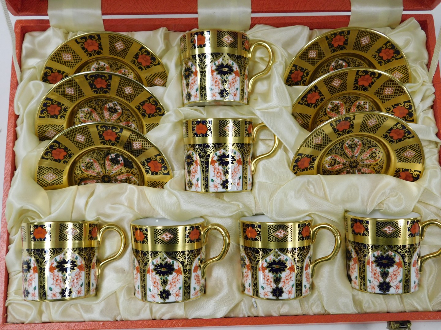 A Royal Crown Derby Imari porcelain gold ground coffee set, pattern no. 1128, comprising six coffee - Image 2 of 4