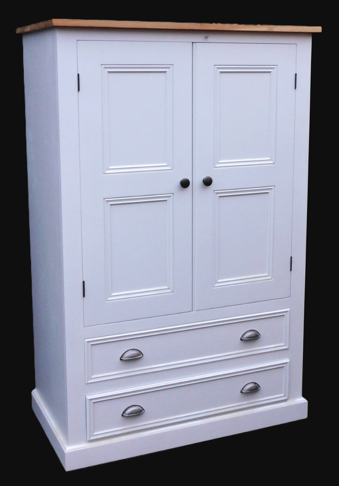 A light oak and pine linen press, grey painted, with two doors opening to reveal an interior of shel