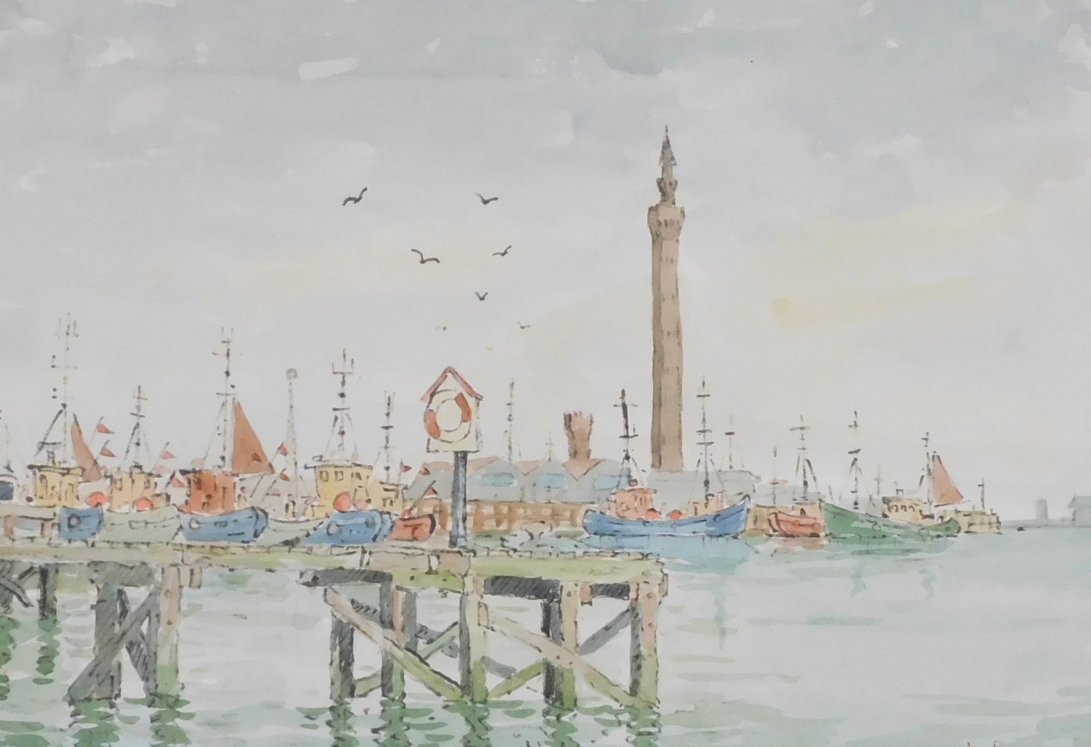 Ken Pullen (British, late 20thC) dock scene Grimsby, watercolour, signed, 28cm x 40.5cm.