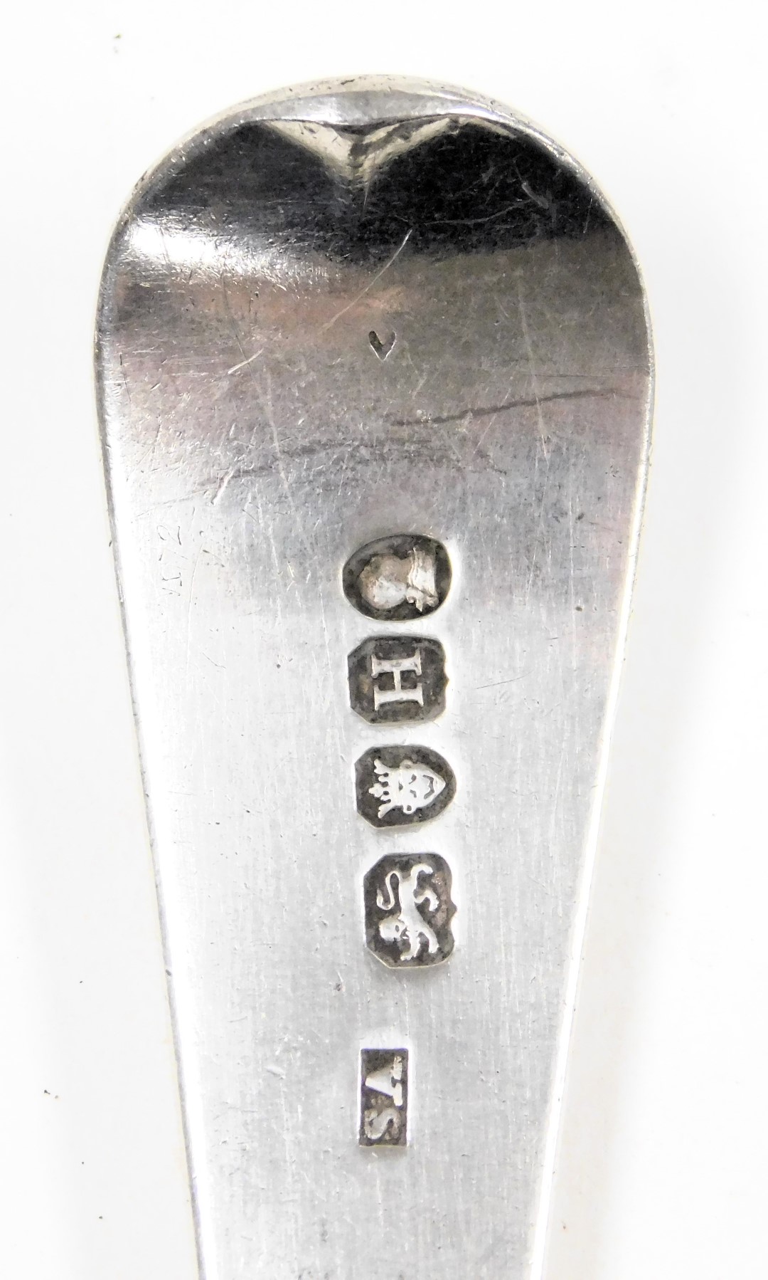 A pair of George III silver tablespoons, with bright cut engraving, terminal with monogram reserve, - Image 3 of 3