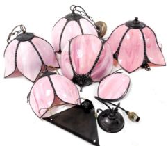 Four Tiffany style ceiling lights, with pink and white marbled effect shades, together with a simila