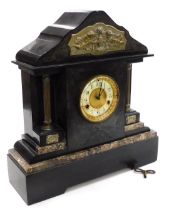 A Victorian slate and marble mantel clock, circular brass dial with enamel chapter ring bearing Arab