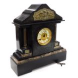A Victorian slate and marble mantel clock, circular brass dial with enamel chapter ring bearing Arab