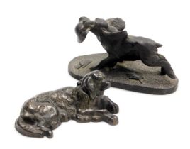 A Victorian metal novelty inkwell, modelled as a recumbent dog, 13cm wide, together with a bronzed p