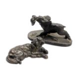 A Victorian metal novelty inkwell, modelled as a recumbent dog, 13cm wide, together with a bronzed p