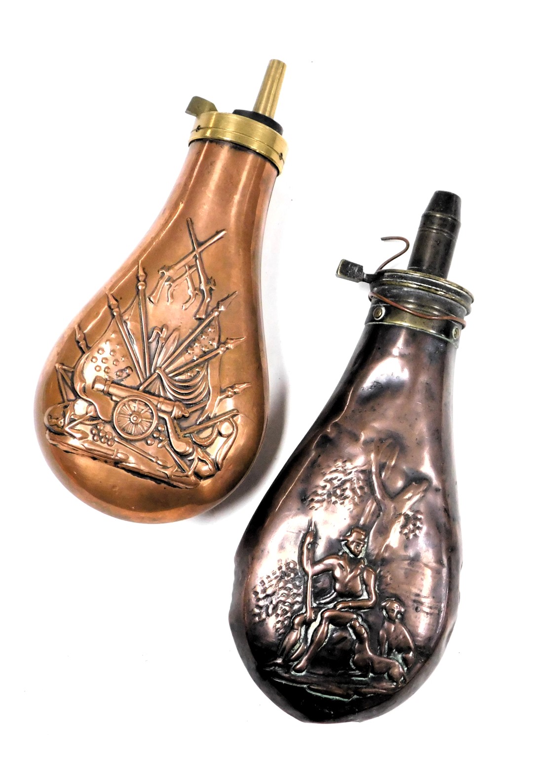 A 19thC Frith copper shot flask, embossed with a hunter and hound seated beneath a tree, 19cm high,