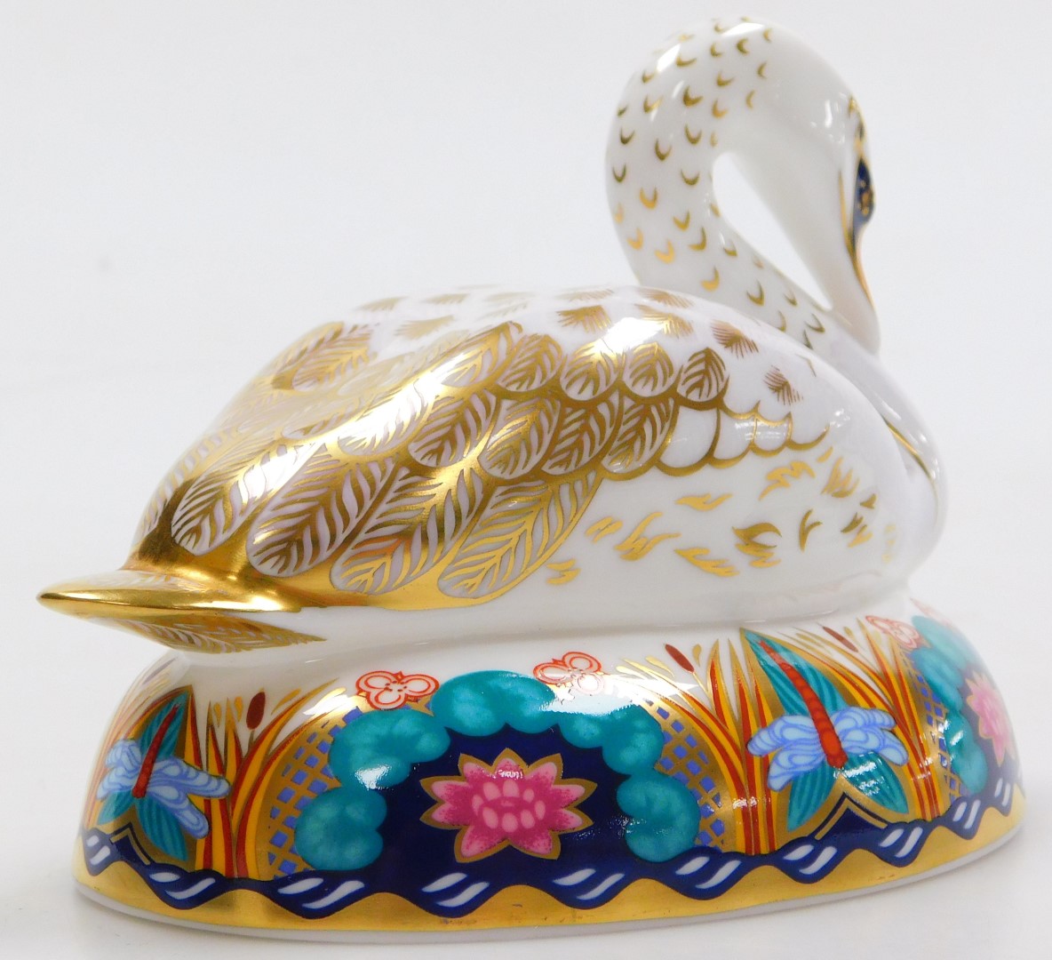 A Royal Crown Derby Imari swan paperweight, gold stopper, boxed. - Image 3 of 4