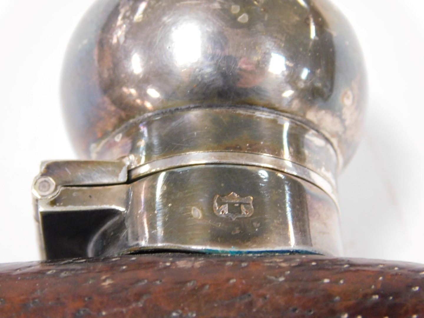 A Victorian glass huntsman's hip flask, with a plated hinged lid, leather cased, a further hip flask - Image 6 of 6