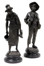 After Henri Weisse (German, 19thC) a pair of spelter figures, modelled as a milkmaid and a boy whist