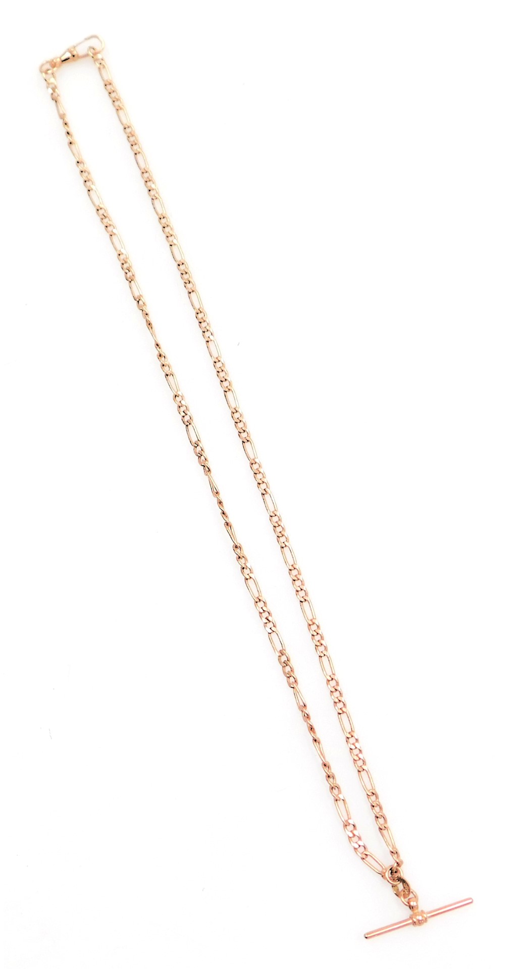 A 9ct rose gold figaro link Albert chain, with a lobster claw clasp, and T-bar as fitted, 4.4g.