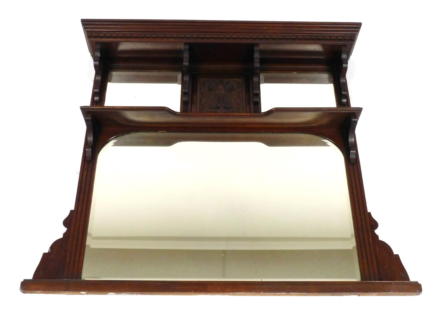 A Victorian mahogany over mantle mirror, the dentil moulded pediment over a pair of rectangular beve