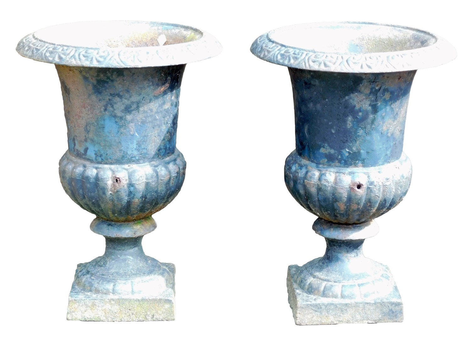 A pair of Victorian black cast iron garden urns, 44cm high.